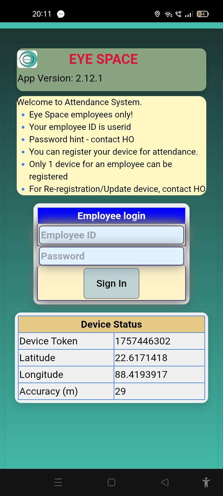 Attendance App - Login screen