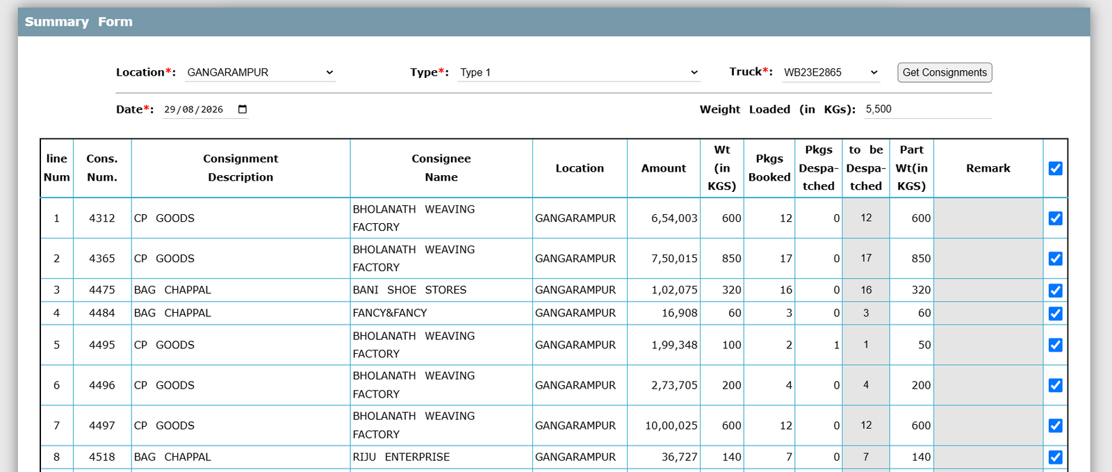 Transport truck summary and rates dashboard